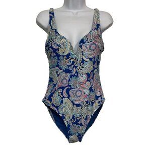 Women's Niptuck Swim Multi Fit Cup Blue Paisley Swimsuit Size 8 EUC #1607